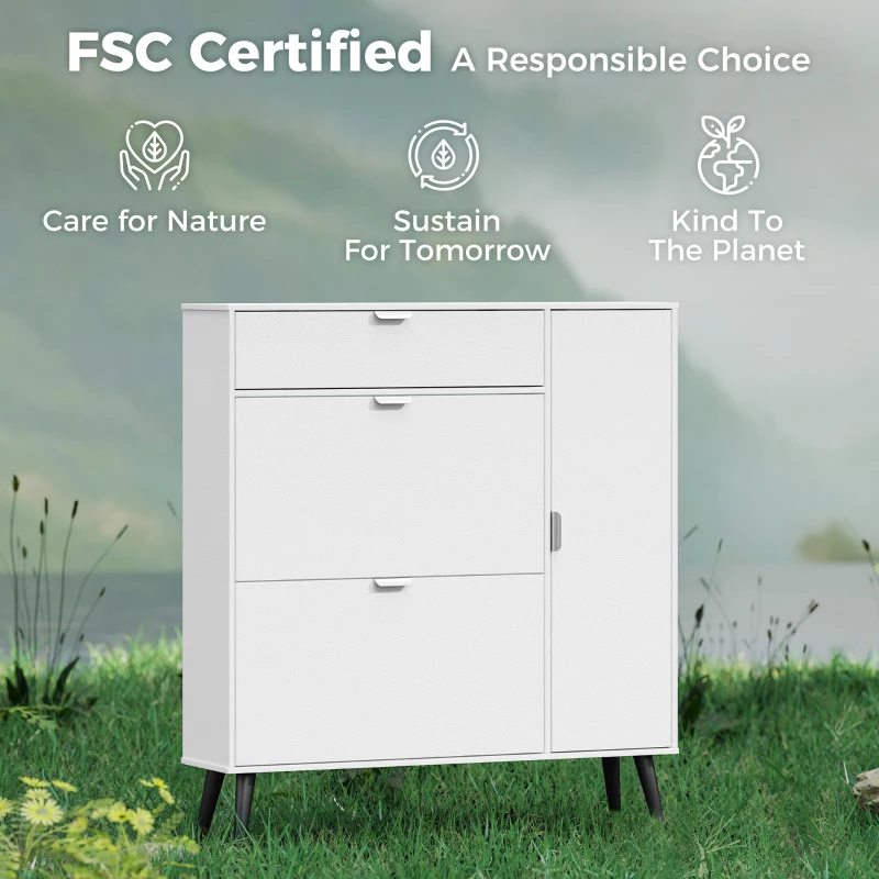 HOMCOM Zapatero estrecho con 2 compartimentos abatibles, armario zapatero con puertas efecto piel de lichi y estantes regulables, blanco