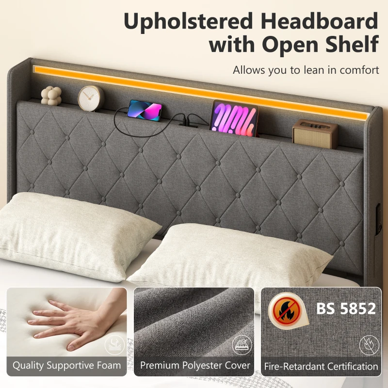 HOMCOM 5ft King Bed Frame with Headboard, Platform Bed Frame with Hydraulic Storage, LED Lights and Charging Station, Grey