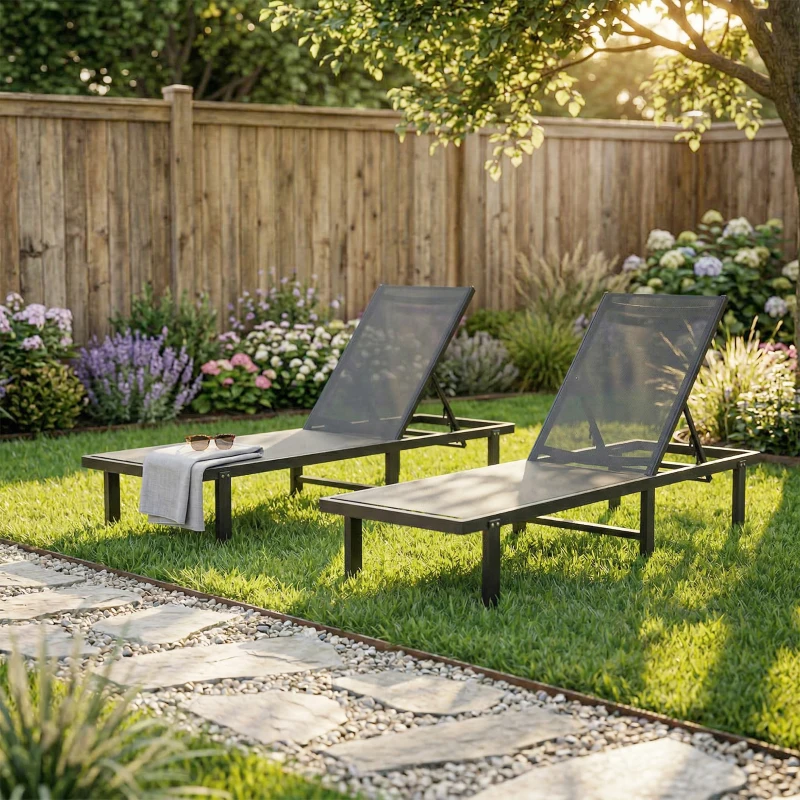 Outsunny Conjunto de 2 Tumbonas Reclinables con Ruedas Respaldo Ajustable 4 Niveles Estructura de Aluminio Tela Textilene Gris