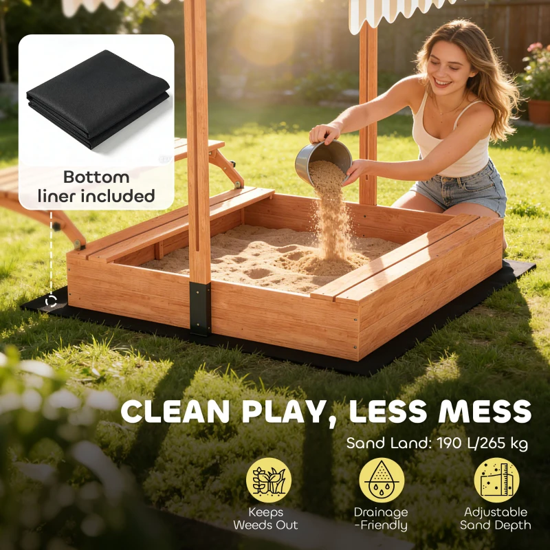 AIYAPLAY Kids Sand Pit with Lid, Wooden Sandpit with Canopy, Foldable Picnic Table, Bench Seats, Bottom Liner for Patio Garden