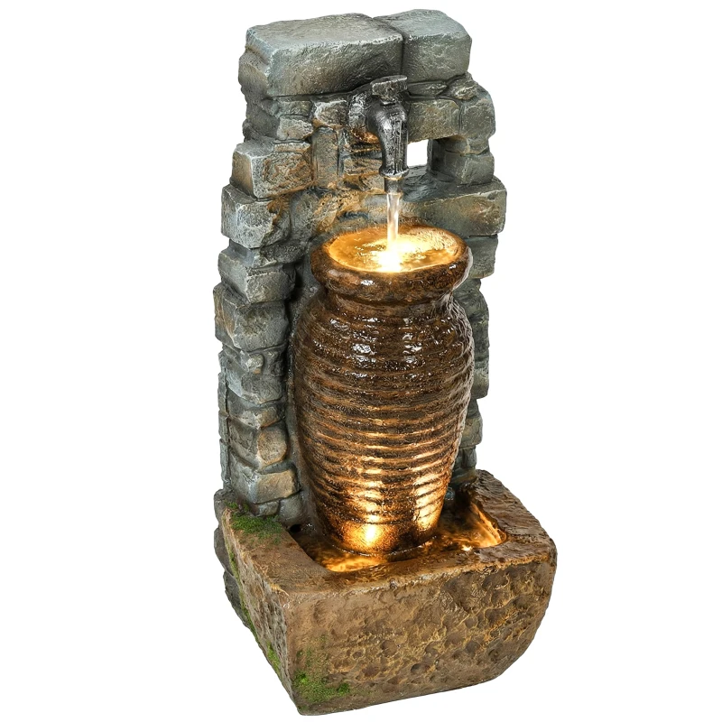 Outsunny Gartenbrunnen mit einstellbarem Wasserfluss und 3-stufiger rustikaler Steinwand im Krugdesign