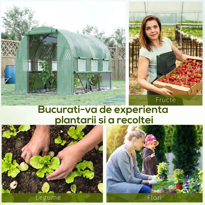Outsunny Seră pentru grădină 3x2x2m din oțel și acoperire PE, uși cu fermoar și ferestre cu plasă, verde