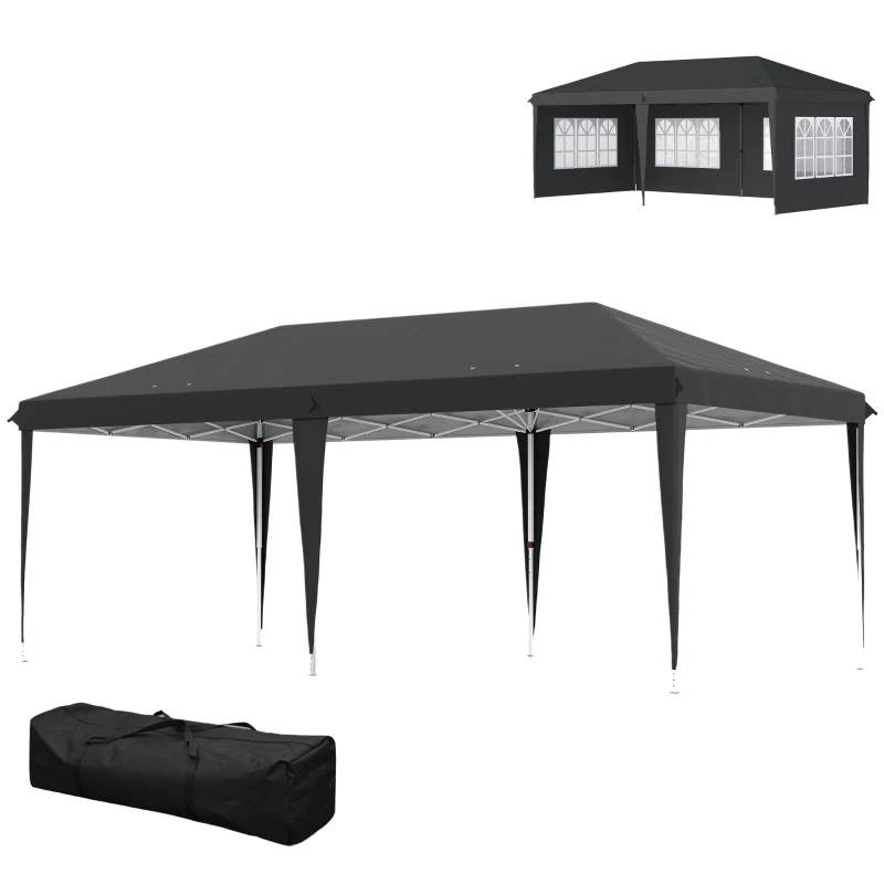 Outsunny Pavillon ca. 3x6m Wasserdicht Pop-up Faltpavillon mit 4 Seitenwänden, Fenster UV-Schutz Tragetasche Schwarz