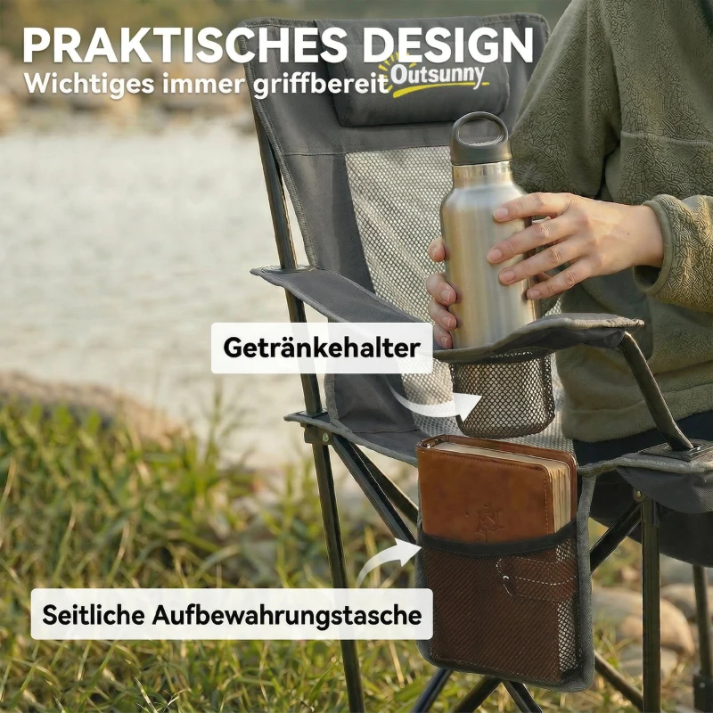 Outsunny 2er Set Campingstuhl faltbar Angelstuhl mit verstellbarer Rückenlehne Fußablage Getränkehalter Kopfstütze Dunkelgrau