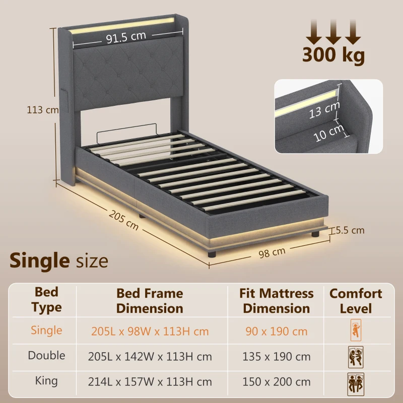 HOMCOM 3ft Single Bed Frame with Headboard, Platform Bed Frame with Hydraulic Storage, LED Lights and Charging Station, Grey