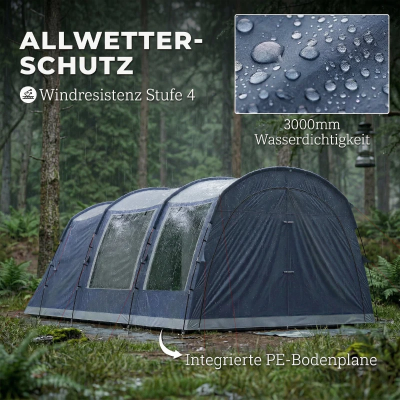 Outsunny Tunnelzelt 4 Personen Familienzelt mit Schlaf- und Wohnzimmer 6 Fenstern 3 Türen Bodenplane Stehhöhe 3000 mm Wassersäule
