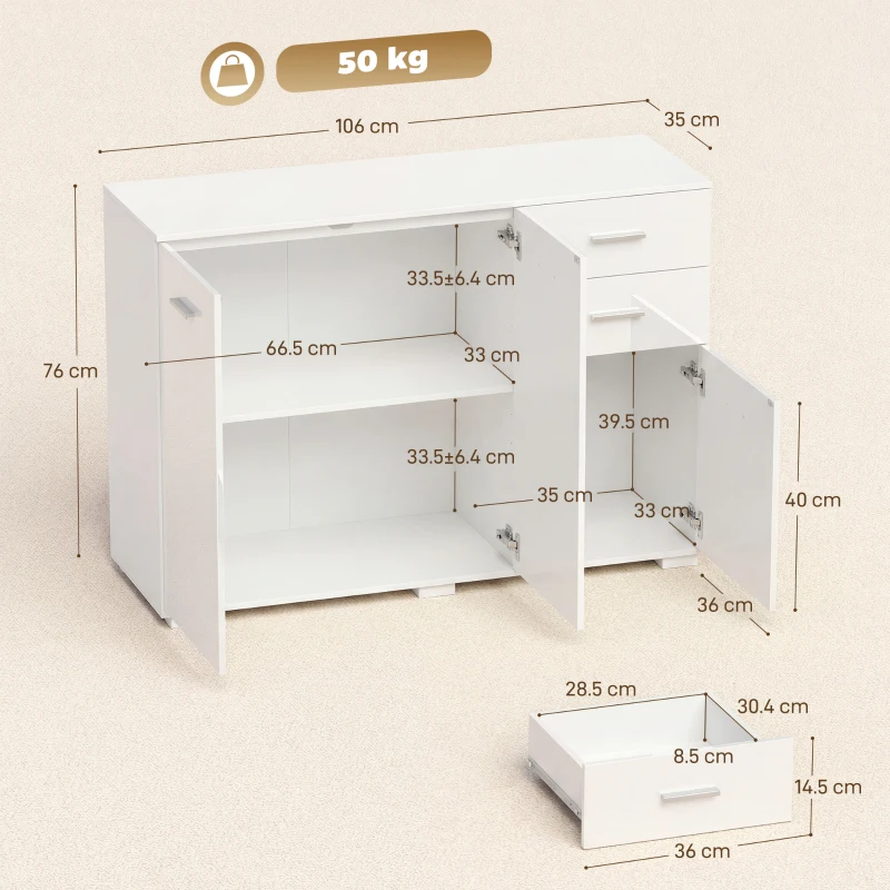 HOMCOM Sideboard, Modern Storage Cabinet with 2 Drawers, 3 Doors and Adjustable Shelves, High Gloss White