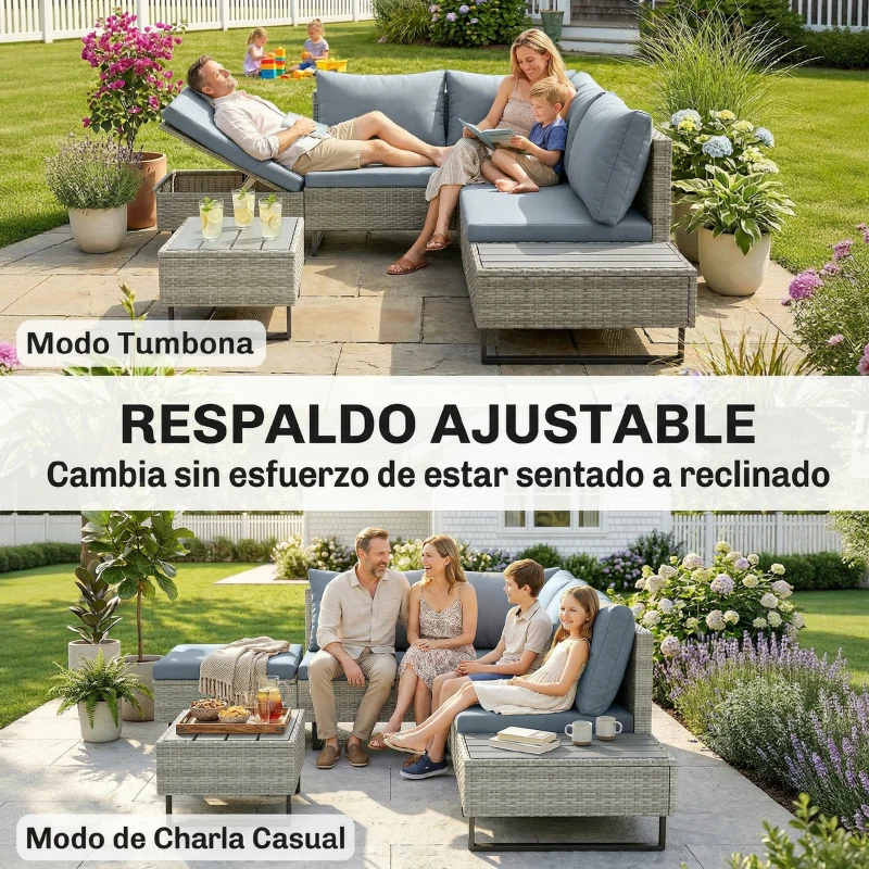 Outsunny Conjunto de Jardín de Ratán de 3 Piezas Respaldo Ajustable Incluye Cojines Sofá de 3 Plazas Sofá de 2 Plazas Mesa Gris