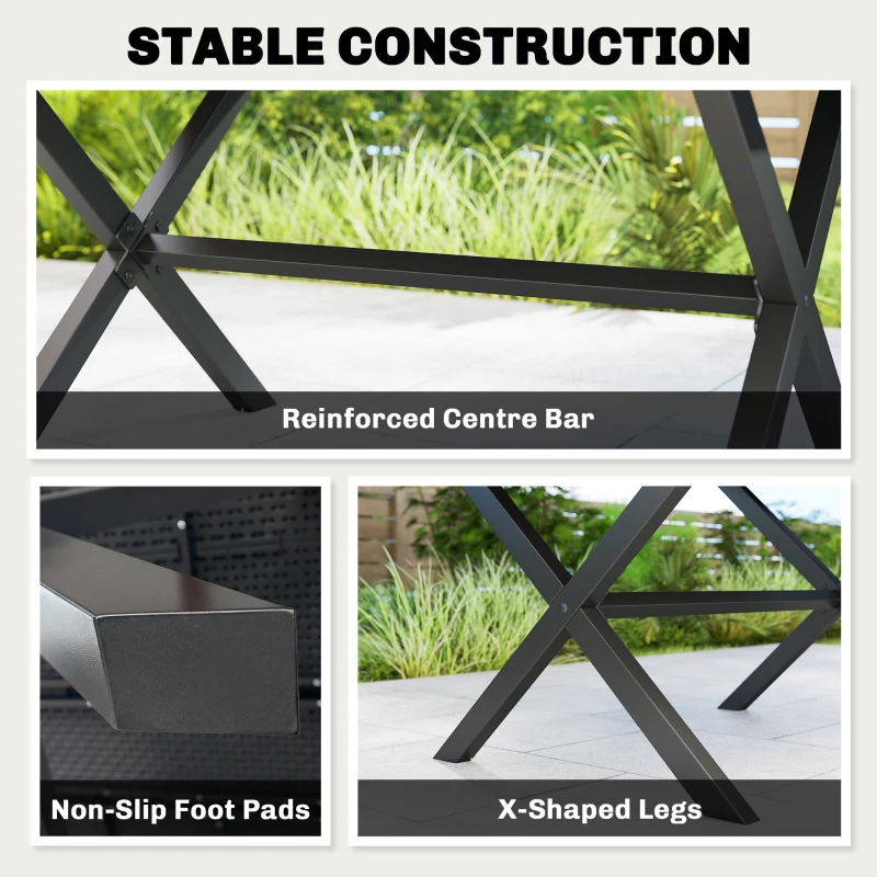 Outsunny Garden Dining Table for 6, Rectangular Outdoor Table with Wood Effect HDPE Top, X-Shaped Metal Legs, Black