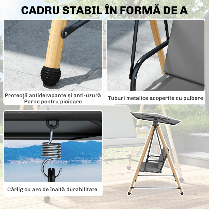 Outsunny Balansoar de Grădină cu 3 Locuri, cu Copertină Reglabilă Impermeabilă și Pernă Detașabilă, Capacitate Maximă 360 kg, 208 x 125 x 180 cm, Gri