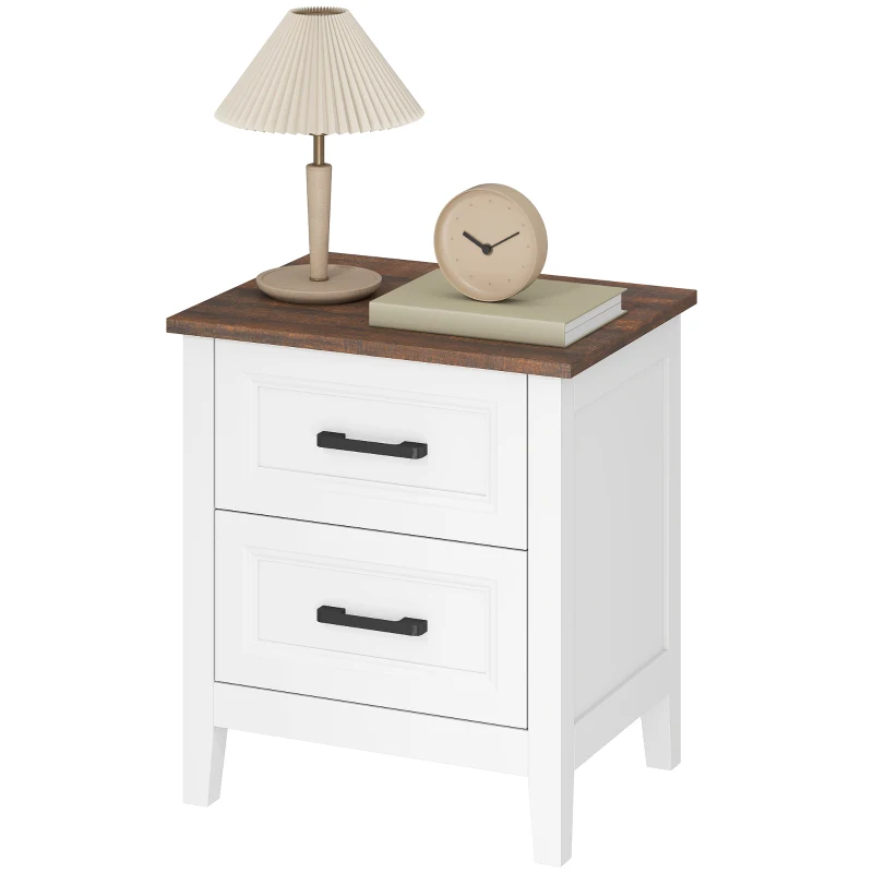 HOMCOM Mesa de Cabeceira Mesa de Cabeceira com 2 Gavetas Estilo Rústico 45x30x50 cm Branco
