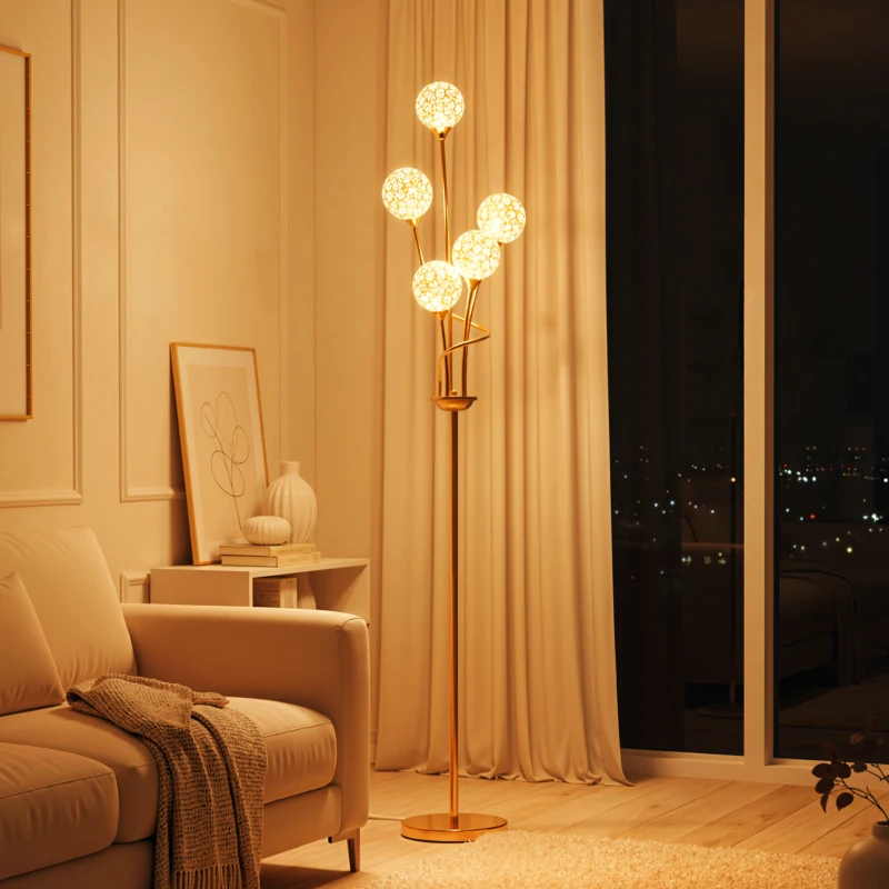 HOMCOM Crystal Floor Lamps for Living Room Bedroom with 5 Light, Modern Upright Standing Lamp, 34x25x156cm, Gold Tone