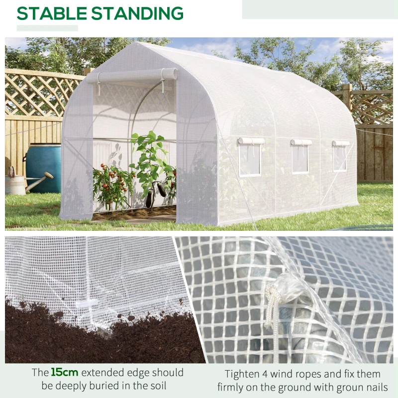 Outsunny Serra a Tunnel Anti-UV con 6 Finestre a Rete e Ingresso Arrotolabile, in Metallo e PE, 4x2x2 m, Bianco