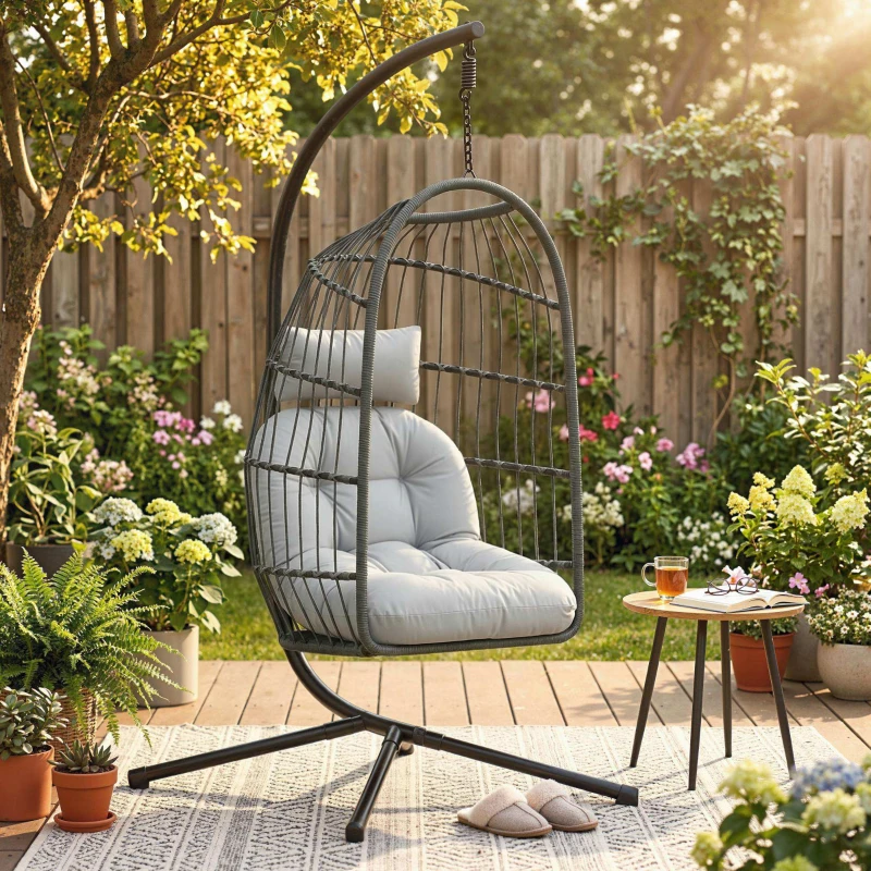 Outsunny Hanging Egg Chair, Indoor Outdoor Hammock Swing Chair with Stand, Safety Strap, Foldable Basket, Dark/Light Grey