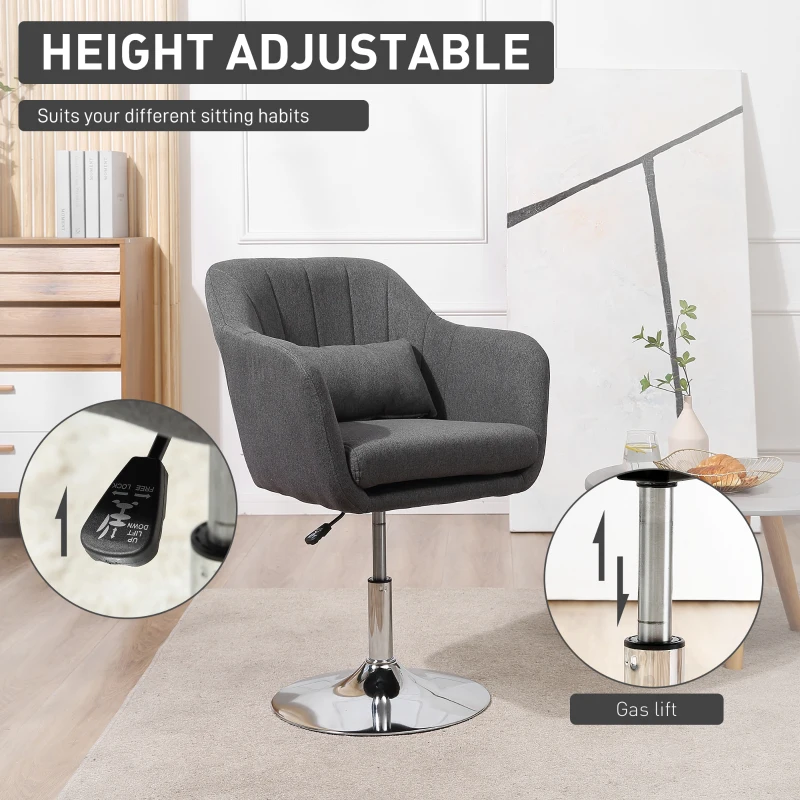 HOMCOM Swivel Accent Chair, Linen Fabric Tub Vanity Chair, Modern Armchair with Adjustable Height and Lumbar Support for Living Room Bedroom Salon Make up Room Dressing Table, Dark Grey