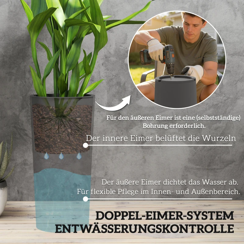 Outsunny 2er Set Blumentopf stapelbar Pflanzkübel mit Löcher 35x35 cm Pflanztöpfe Rund Dunkelgrau