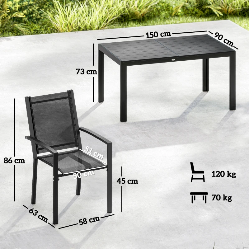 Outsunny Seven-Piece Garden Dining Set, with Plastic Wood-Top Table - Black