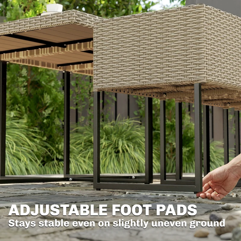 Outsunny 7 Piece Rattan Garden Furniture Set, Garden Dining Set with Wood-Plastic Table and 6 Stackable Chairs, Light Grey