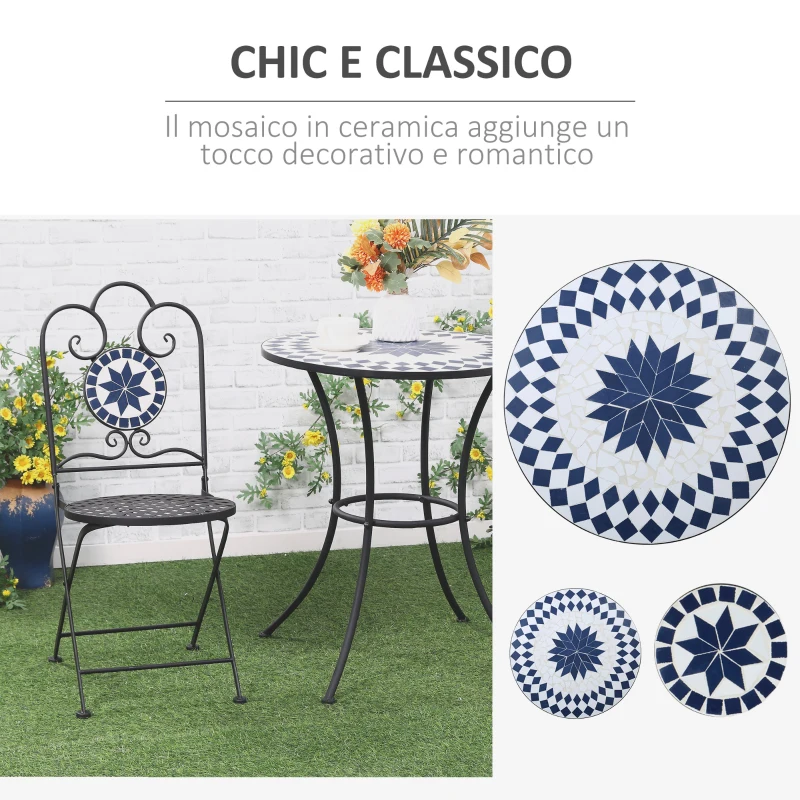 Outsunny Set da Giardino 3 Pezzi con 2 Sedie Pieghevoli e 1 Tavolino Rotondo a Mosaico
