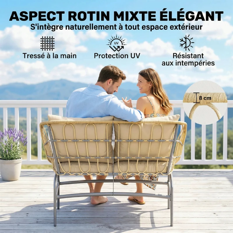 Outsunny Canapé de Jardin 2 Places en Résine Tressée Coussins Épais Anti-glisse 120 x 67 x 79 cm Marron