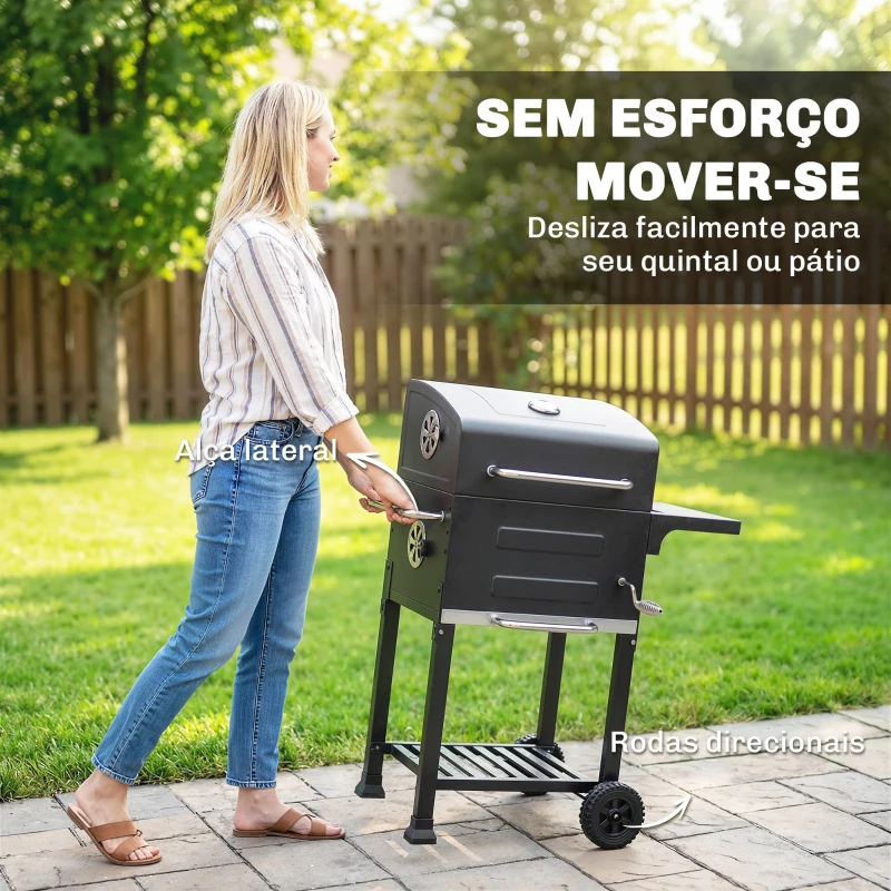 Outsunny Churrasqueira de Carvão Portátil com Grelha em Aço Inoxidável, Prateleira Lateral, Termómetro, Bandeja e Rodas, Preto