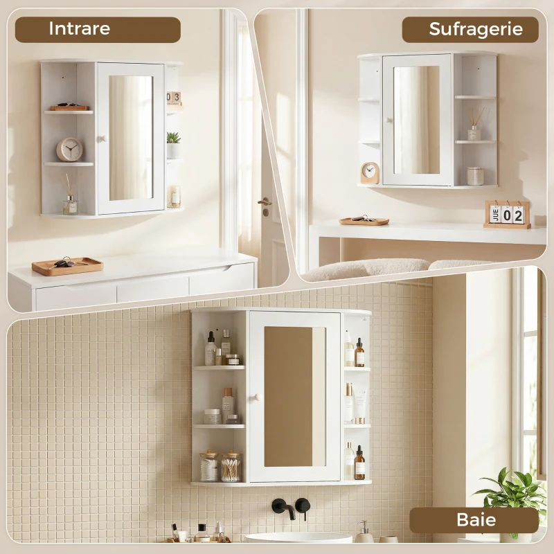 Homcom Dulapior Baie cu Oglinda – Lemn Alb 66×17×63 cm