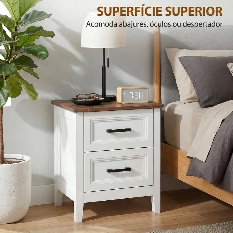 HOMCOM Mesa de Cabeceira Mesa de Cabeceira com 2 Gavetas Estilo Rústico 45x30x50 cm Branco
