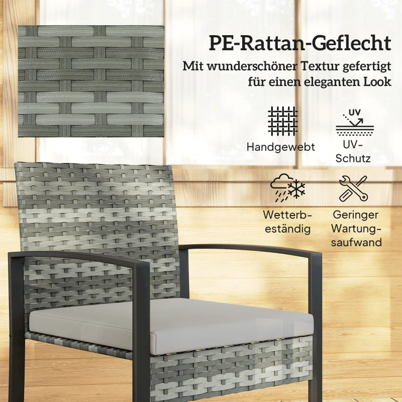 Outsunny Rattan Bistroset, 3 teiliges Gartenmöbel-Set mit 2 Gartenstühlen, Couchtisch, abnehmbar Kissen Hellgrau