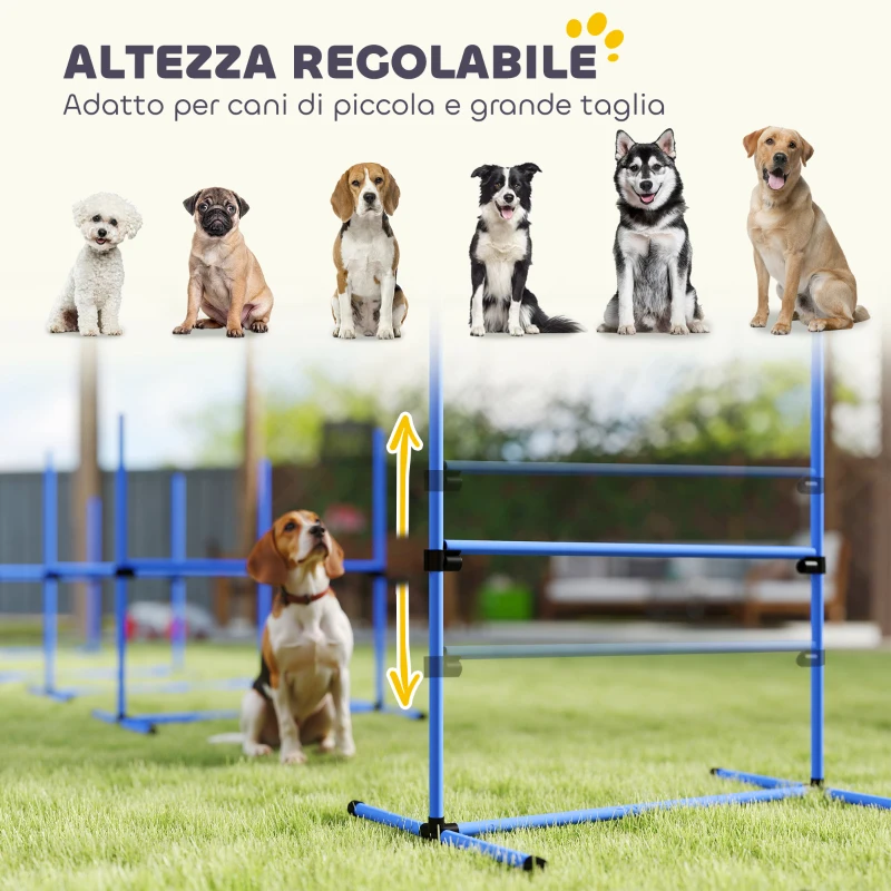 PawHut Set di 4 Ostacoli Agility Dog per Cani ad Altezza Regolabile con Borsa da Trasporto Inclusa, 99x65x94cm, Blu