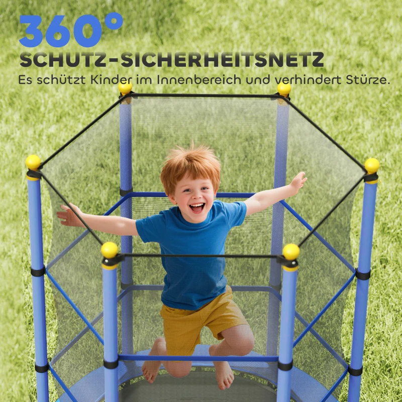 HOMCOM Trampolin für Kinder, Ø140 cm, mit Sicherheitsnetz, für innen und außen, Stahl, Kunststoff, belastbar bis 50 kg, Blau