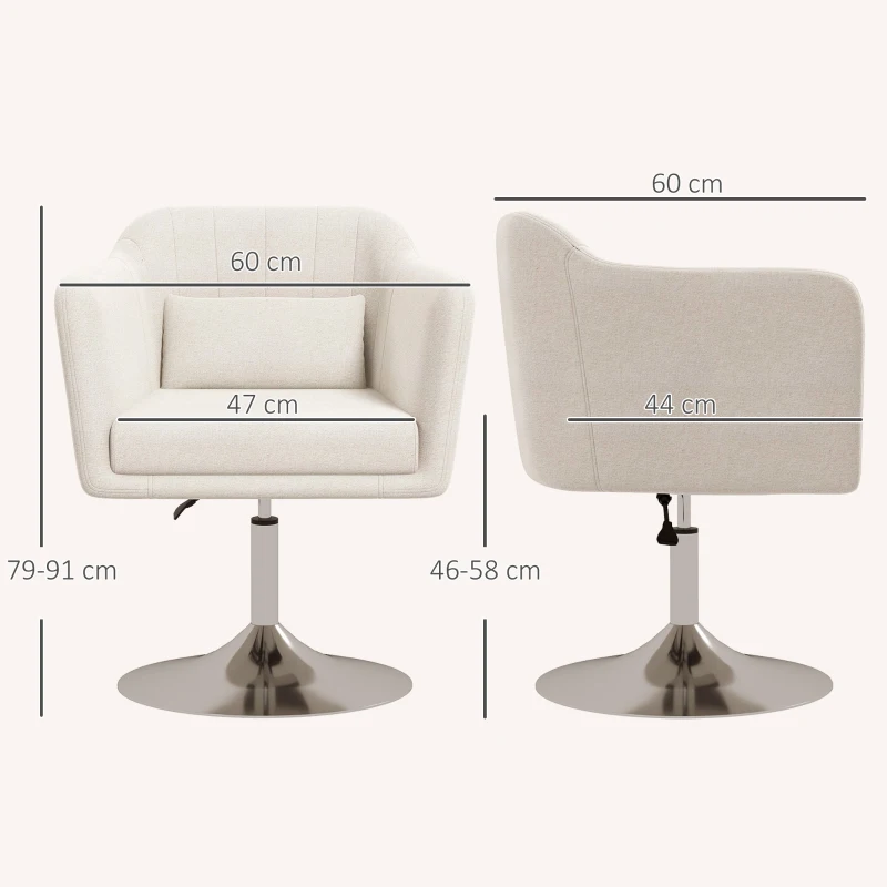 HOMCOM Modern Accent Chair with Swivel Base, Height Adjustable Arm Chair with Pillow for Living Room, Bedroom, Cream White