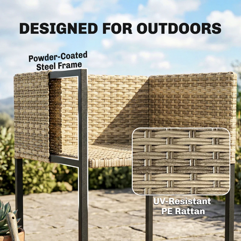 Outsunny 7 Piece Rattan Garden Furniture Set, Garden Dining Set with Wood-Plastic Table and 6 Stackable Chairs, Light Brown