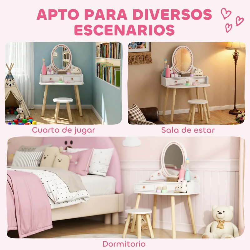 AIYAPLAY Tocador de Maquillaje Niña Tocador Infantil con Taburete y Espejo 2 Cajones y Barras Colgantes 3 a 8 Años Blanco