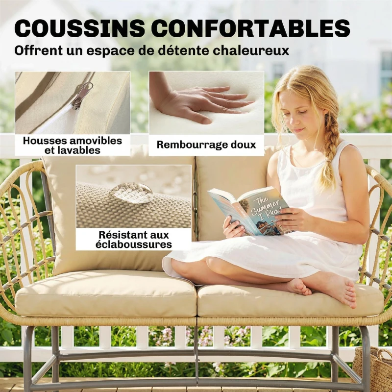 Outsunny Canapé de Jardin 2 Places en Résine Tressée Coussins Épais Anti-glisse 120 x 67 x 79 cm Marron