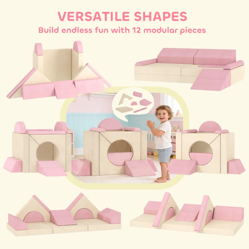 AIYAPLAY Kids Play Sofa, 12 Pieces Foam Modular Soft Play Set for Playroom, Children Convertible Sofa for Boys and Girls, Pink