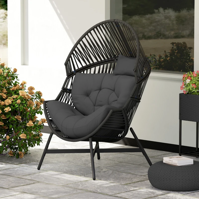 Outsunny Rattan Egg Chair, Oversized Freestanding Garden Egg Chair with Thick Tufted Cushion, Headrest, Steel Frame for Indoor and Outdoor Use, Charcoal Grey