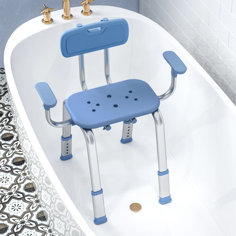 HOMCOM Tabouret de douche chaise de douche ergonomique avec accoudoirs, dossier, hauteur et siège réglables, bleu