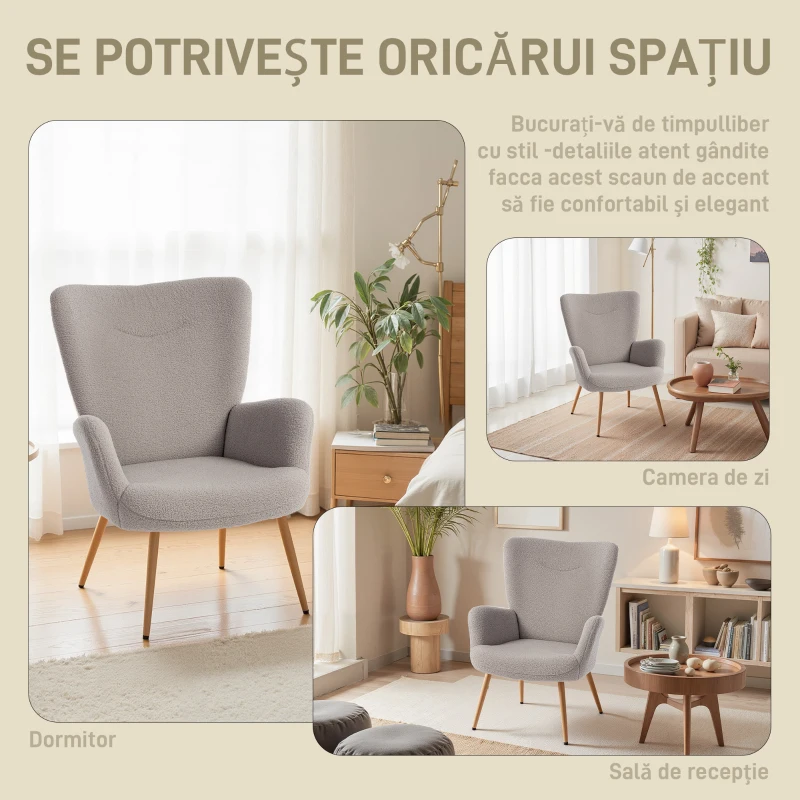 HOMCOM Fotoliu modern din material Sherpa îmbunătățit cu spătar înalt și brațe, Gri
