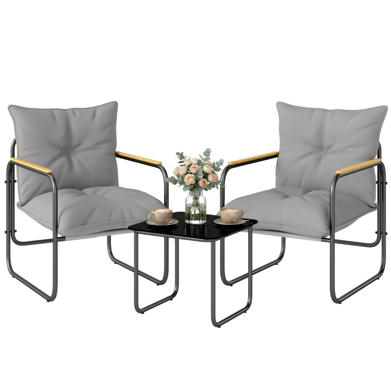 Outsunny Salon de Jardin 3 Pièces, 2 Fauteuils avec Coussins Épais, 1 Table Basse en Verre Trempé, 59x73x72cm, Gris Foncé