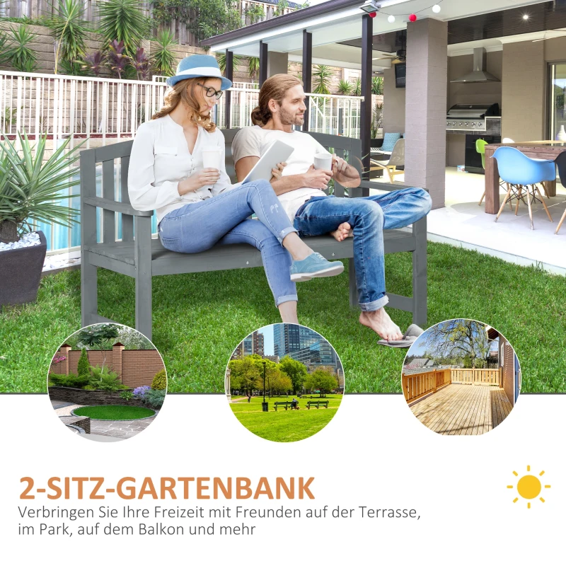 Outsunny 2-Sitzer Gartenbank Holz, wetterfest Sitzbank, Gartenmöbel mit Rückenlehnen, 240 kg belastbar 143 x 51 x 85 cm, Grau