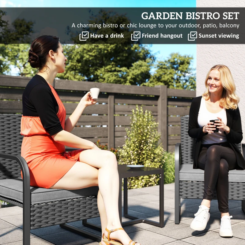 Outsunny Rattan Bistro Set, 3 Piece Garden Furniture Set with Cushions and Glass Top Table, Black