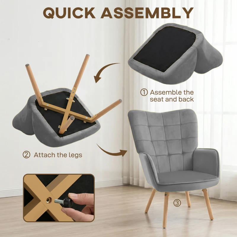 HOMCOM Modern Accent Chair, Upholstered High Back Armchair with Tufted Wingback, Seat Padding, Velvet Leisure Lounge Bedroom Chair with Wood Legs, Grey