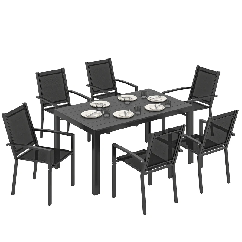 Outsunny Seven-Piece Garden Dining Set, with Plastic Wood-Top Table - Black
