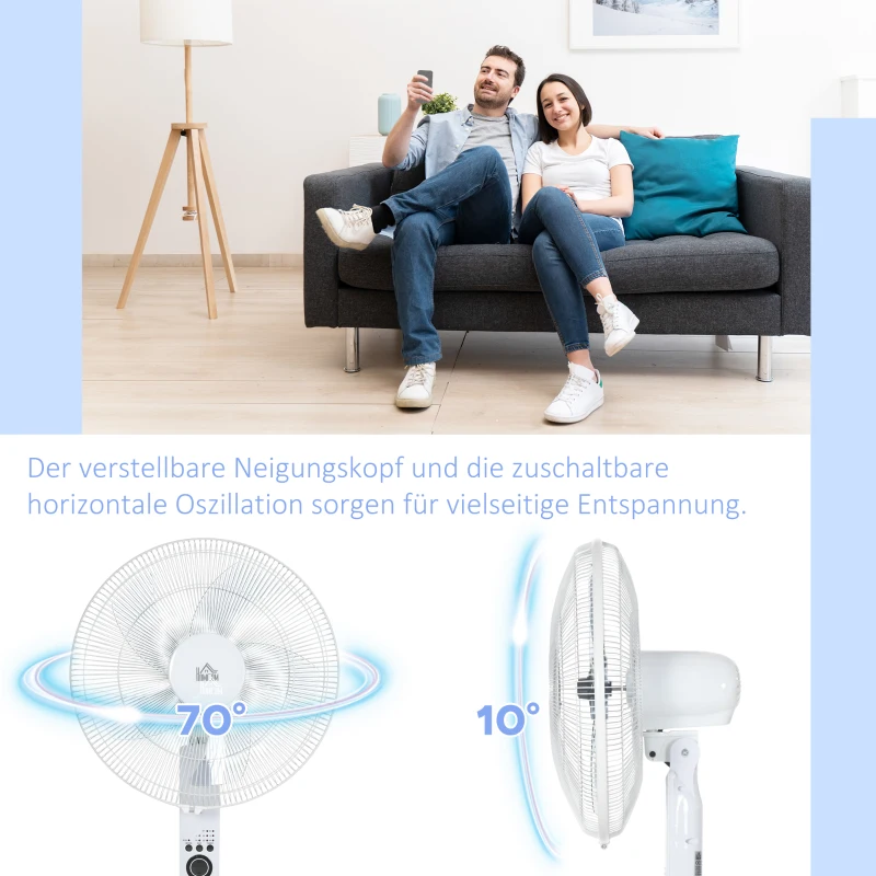 HOMCOM Standventilator Lüfter Fernbedienung Höhenverstellbar 3 Geschwindigkeitsstufen Metall, Weiß, Ø44,5 x H110-124 cm
