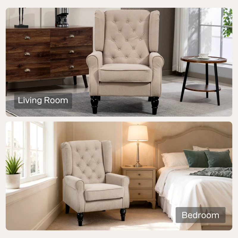 HOMCOM Wingback Accent Chair, Retro Upholstered Button Tufted Occasional Chair for Living Room and Bedroom, Beige