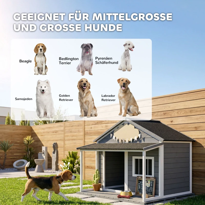 PawHut Hundehütte Outdoor-Hundehütte, inkl. Veranda, wetterbeständig, 124 cm x 112 cm x 105 cm, Grau + Weiß