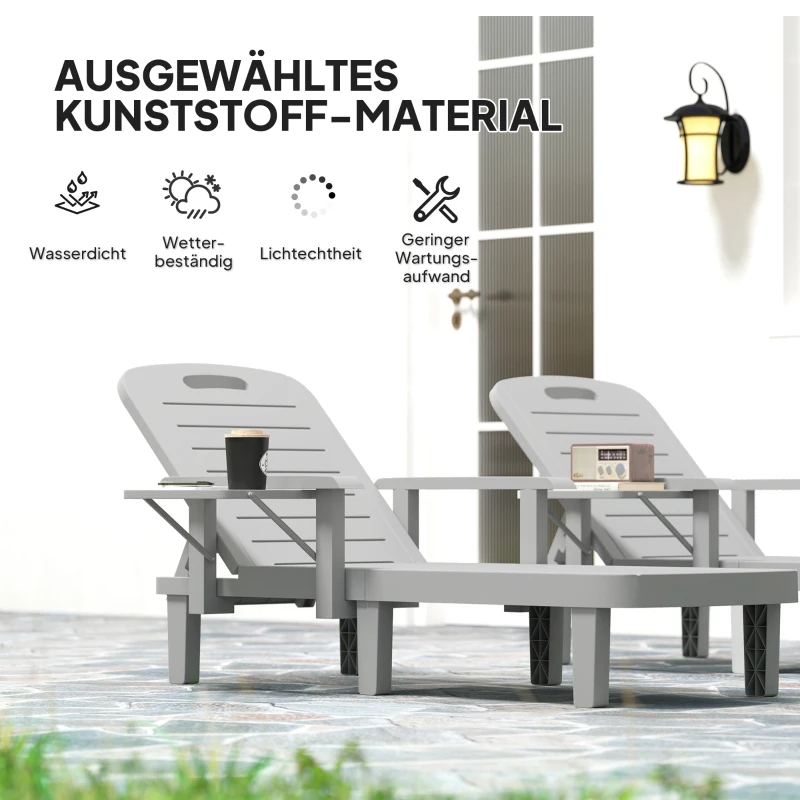 Outsunny Sonnenliege Gartenliege mit Seitentisch Holzoptik Liegestuhl mit 5-Fach verstellbare Rückenlehne Hellgrau
