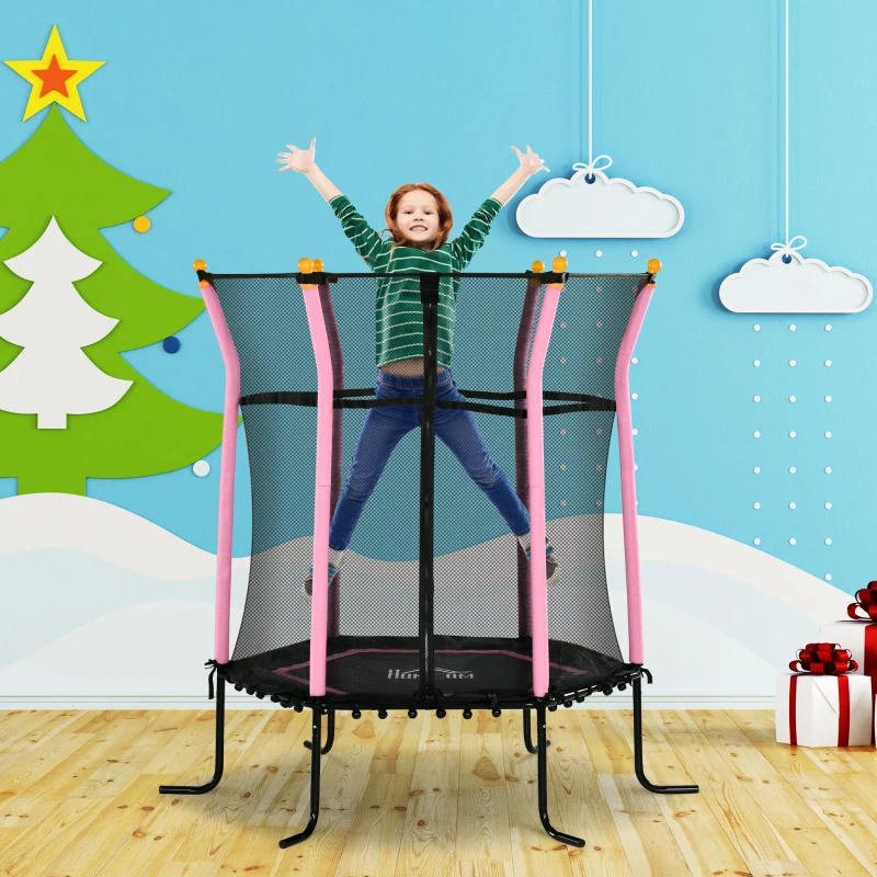 HOMCOM Trampoline pour enfant Ø 1,60 x 1,63 m filet de sécurité porte zippée 6 poteaux rembourrés inclus rose noir