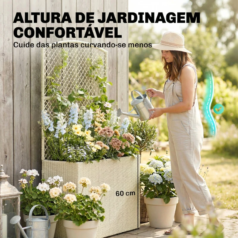 Outsunny Floreira com Treliça em Vime Floreira Grande com Forro para Plantas Trepadeiras 80x30x163 cm Bege