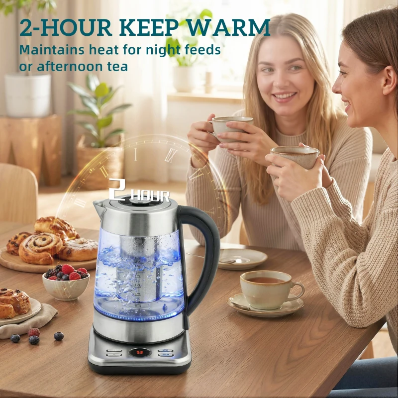 HOMCOM Elektrische Waterkoker, 1,7L Snelkoker met 2200W Vermogen, UK Strix Thermostaat, Theefilter, Warmhoudfunctie